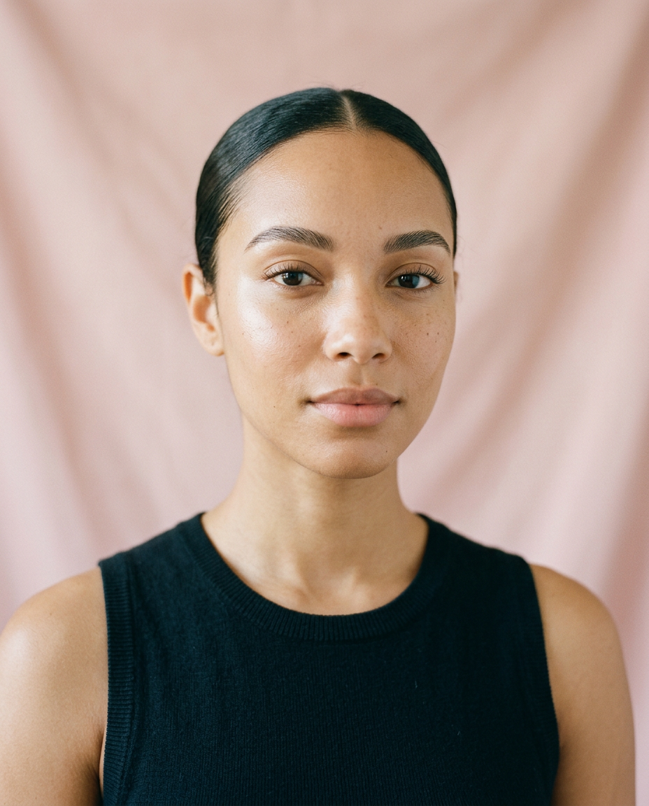 Sample booking page photo: a woman with defined brows against a blush backdrop.