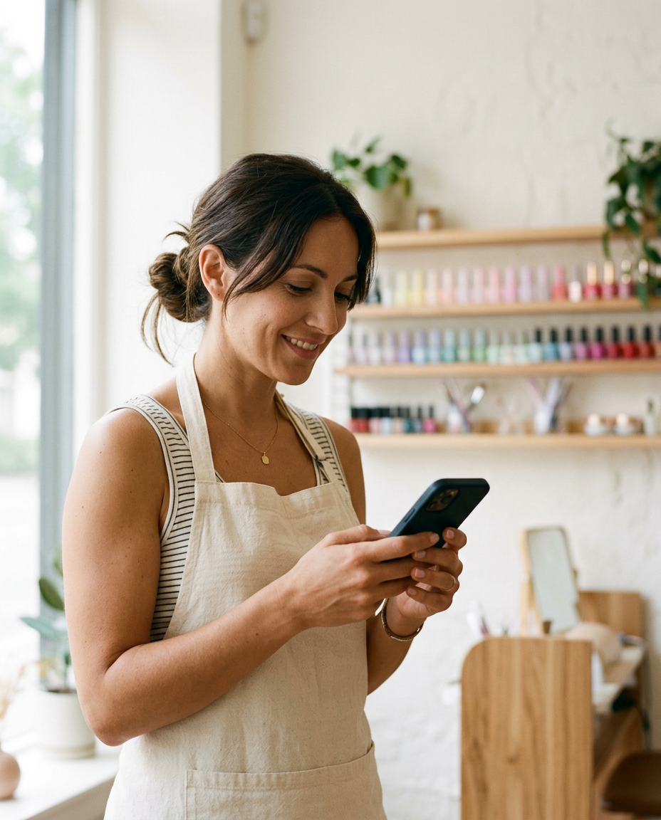A nail technician in a cream apron reads her phone in a bright nail studio.
